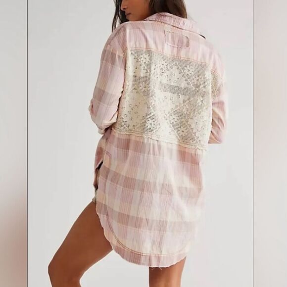 Free People We the Free Double Cross Lace Pink Plaid Top - Picture 3 of 7